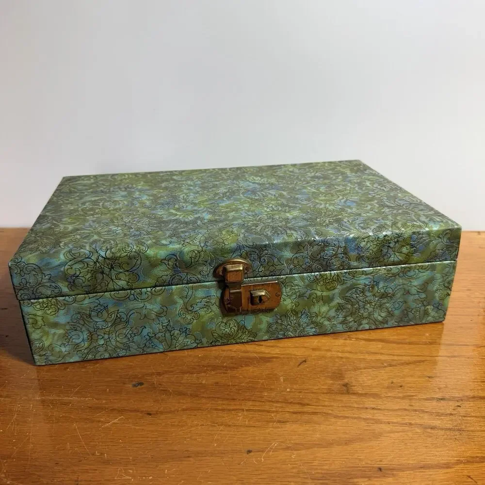 Mid Century Groovy Blue Green Floral Jewelry Box Velvet Lining Dresser Box 14